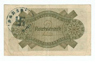 German Banknote 2 Reichsmark With Third Reich Stamped