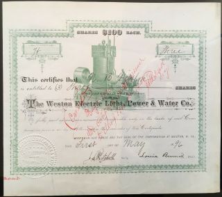 Weston Electric Light,  Power & Water Co Stock 1896.  Weston,  Wv.  Edison Generator