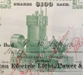 WESTON ELECTRIC LIGHT,  POWER & WATER CO Stock 1896.  Weston,  WV.  Edison Generator 2