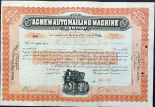 Agnew Automailing Machine Co Stock 1902.  Me.  Inventor Lee A.  Agnew.  V Unique Vig