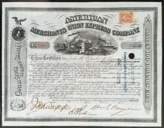American Merchants Union Express Co Stock 1868 Historic Co.  William Fargo Sig Vf