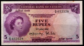 Ceylon (sri Lanka) :p - 51,  5 Rupees 1952 Queen Elizabeth Ii Vf - Xf