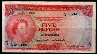 Ceylon (sri Lanka) :p - 54,  5 Rupees 1954 Queen Elizabeth Ii Vf,