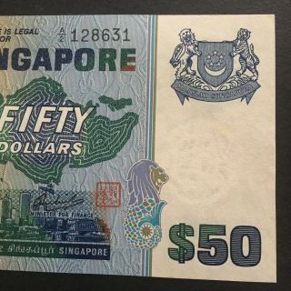 1976 SINGAPORE 50 DOLLARS A/2 128631 P - 13a UNC WHITE RUMPED SHAMA SCHOOL BAND 5