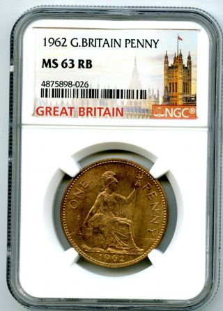 1962 Great Britain Britannia Large Copper Penny Ngc Ms63 Rb Low Mintage