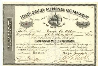 1881 Wyoming Territory Hub Gold Mining C0.  Stock