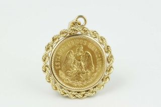 1955 Mexico Gold 5 Pesos Coin In 14k Gold Rope Bezel Pendant