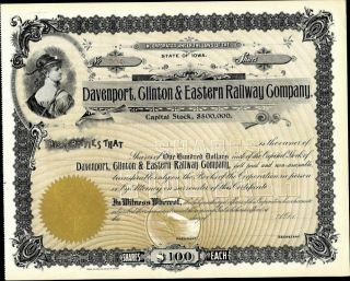 Davenport,  Clinton & Eastern Railay Co Of Iowa,  1 - - -,  Unissued,  Stock Certificate