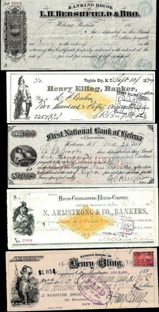 5 Montana Territory Checks: 1868,  1879,  1881,  1893,  1899 (see Below)