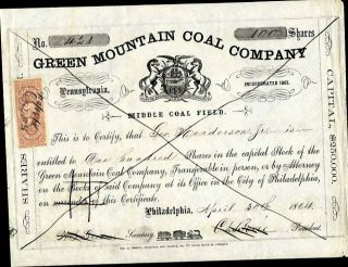 Green Mountain Coal Co,  Philadelphia,  Pa. ,  1864,  Cancelled Stock Cft,  Rev.  Stp.