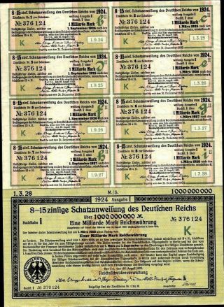 One Billion Marks,  1923,  Inflation Bond,  8 Affixed Coupons,