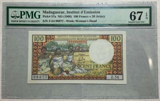 Madagascar 100 Francs = 20 Ariary 1966 P - 57a Pmg Gem Unc 67 Epq