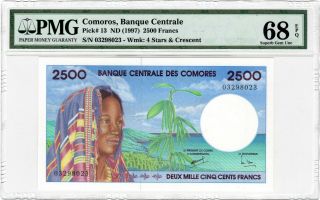 Comoros 2500 Francs 1997 P - 13 Pmg Gem Unc 68 Epq.  Top Grade