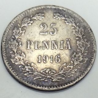 1916 Finland 25 Twenty Five Penniä Finnish Circulated Coin E025