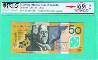 Australia 2011 50 Dollars P 60 Prefix Aa Pcgs 69 Gem Unc Not Pmg