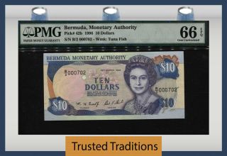 Tt Pk 42b 1996 Bermuda 10 Dollars Queen Elizabeth Ii " 3 Digit S/n 702 " Pmg 66q