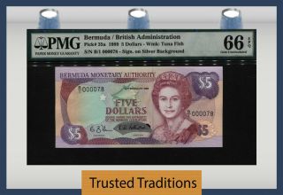 Tt Pk 35a 1989 Bermuda 5 Dollars Queen Elizabeth Ii " 2 Digit S/n 78 " Pmg 66 Epq