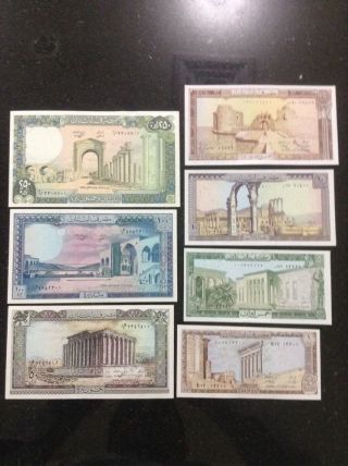 Lebanon Liban Full Banknote Set Unc 1,  5,  10,  25,  50,  100,  250 1980s