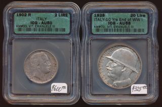 ,  Wow,  1902r Italy 2 Lire & 1928 Italy 20 Lire (icg Au50 & Au58) Cv $900,  No Rs