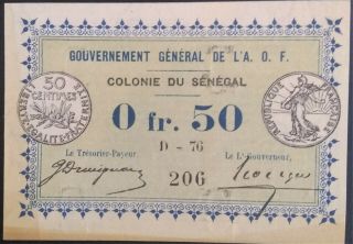 Senegal 50 Centimes 0.  5 Franc Unc P 1 1917 E 6 French Colony Emergency Ww1