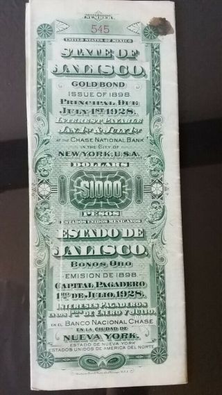 State Of Jalisco $1000 Gold Bond 1898 United States Of Mexico Stock Paper