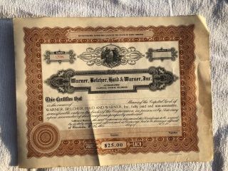 Antique 1900s $25 Stock Certificate Charleston Wv Warner,  Belcher,  Haid Vtg