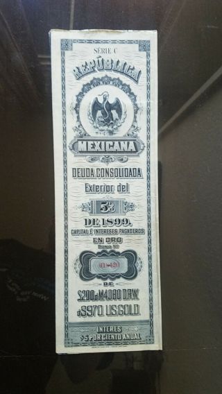 Republica Mexicana 1899 $970 Us Gold Bond Serie C 5 Rare Stock Paper
