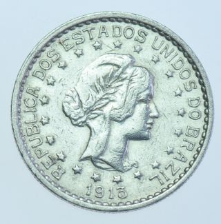Brazil Republic 500 Reis,  1913 Silver Coin Aef