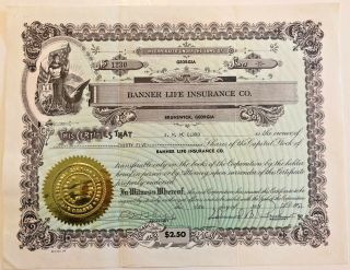 Banner Life Insurance Company 1957 Brunswick Georgia Stock Certificate Share