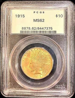 1915 $10 American Gold Eagle Indian Head Ms62 Pcgs Og Green Slab Key Date Coin