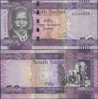 South Sudan 50 Pounds 2011,  P - 9,  Unc,  Dr.  John Garang De Mabior/elephants