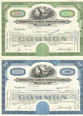 Marquette Cement Manufacturing Company Set Of 2 Illinois Stock Certificate