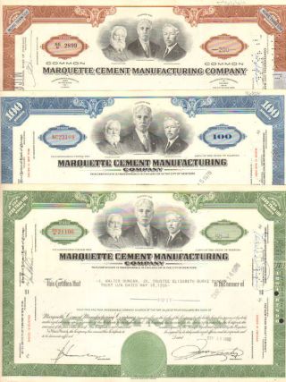 Marquette Cement Manufacturing Company Set Of 3 Illinois Share Stock Certificate