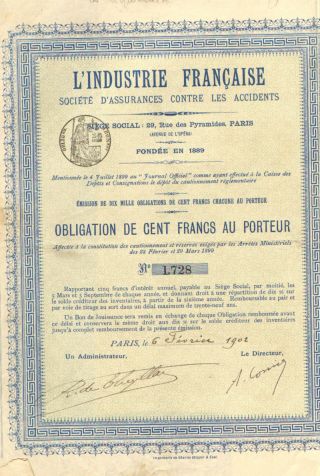 French Industry Accidental Insurance 1902 Paris France Certificate Stock