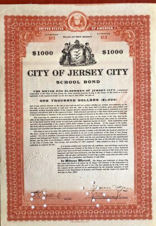 Jersey City School Bond Certificate Mayor Frank Hague Signature Autograph