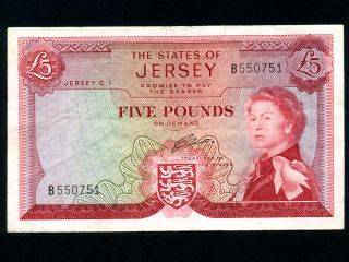 Jersey:p - 9a,  5 Pounds,  1963 Queen Elizabeth Ii Vf - Ef