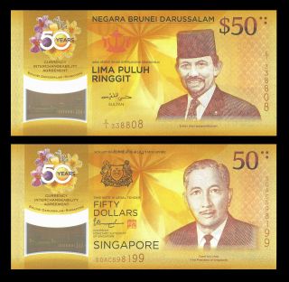 Brunei Singapore Cia Commemorative 50 Dollars 2017 Polymer Gem Unc With Folder