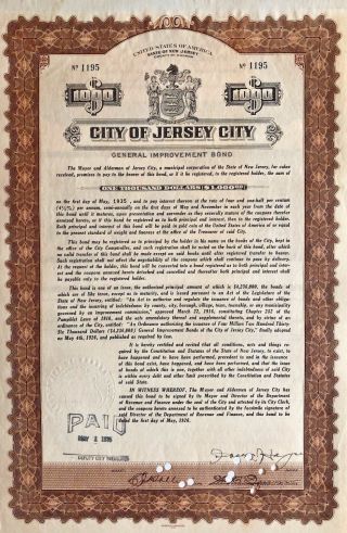 Jersey City Improvement Bond Certificate Mayor Frank Hague Signature Autograph