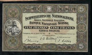 5 Francs From Switzerland 1951 Vf