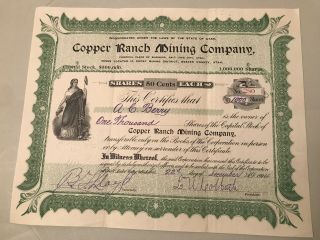 Rare Antique Mining Stock Certificate,  " The Copper Ranch Mining Company " Of Utah