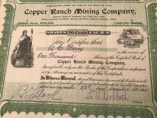 Rare Antique Mining Stock Certificate,  