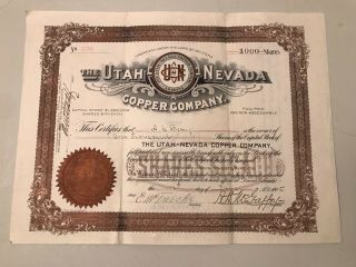 Rare Antique Mining Stock Certificate,  " The Utah & Nevada Copper Company "