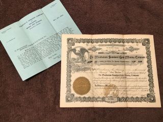 Rare Antique Mining Stock Certificate,  " The Manhattan Standard Gold Mining Co.  "