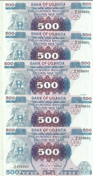 Uganda 5x 500 Shillings 1986 P 25.  Unc.  7rw 23mai