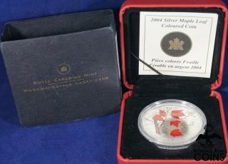 2004 Canada $5 Colorized Maple Leaf 1oz Fine Silver.  9999 Coin W/ Box &