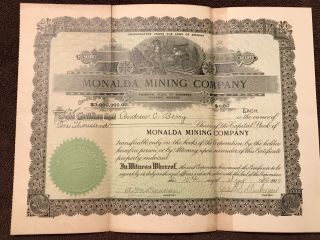 Rare Antique Mining Stock Certificate,  " Monalda Mining Company "