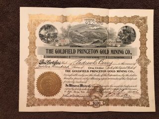 Rare Antique Mining Stock Certificate,  " The Goldfield Princeton Gold Mining Co "