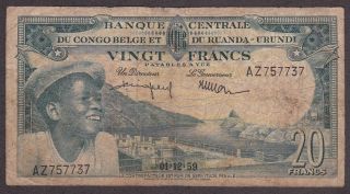 Belgian Congo Belge Ruanda Urundi - 20 Francs - Pick 31 - 1959 - Scarce