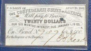 1861 $20.  00 Early Confederate States Of America Authentic Civil War Bond Coupon