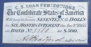 1863 $17.  50 Dollar Confederate States Of America Authentic Civil War Bond Coupon